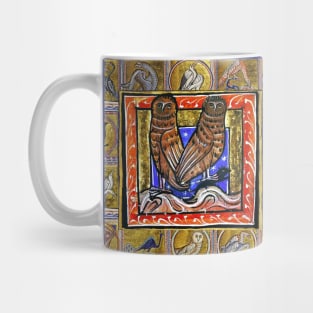 MEDIEVAL BESTIARY ,TWO OWLS, FANTASTIC ANIMALS IN GOLD RED BLUE COLORS Mug